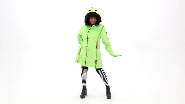Step into Halloween Town with this Deluxe Disney Oogie Boogie Hoodie Costume Dress for Women! It is perfect for parties, cosplay, and for some spooky style!