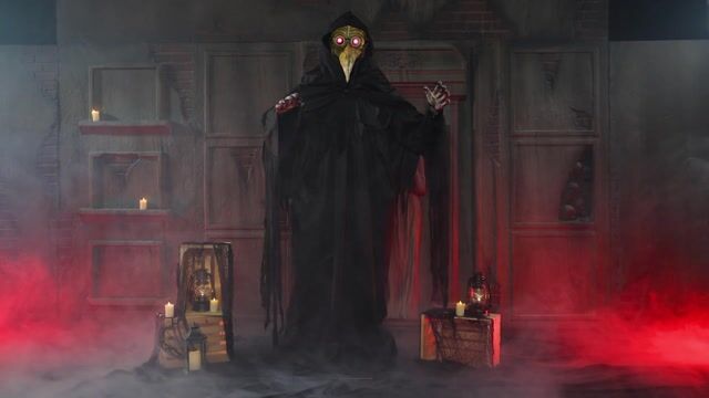 This larger-than-life Giant Animatronic Plague Doctor Halloween Decoration captures a medieval doctor's eerie and mysterious essence. With its ominous presence, realistic movements including glowing eyes and a lunge he'll be the center of your collection.