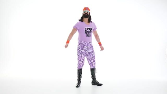 This is an officially licensed WWE Adult Macho Man Madness Costume that includes sunglasses, matching orange bandanna and wrist wraps, purple shirt and pants.