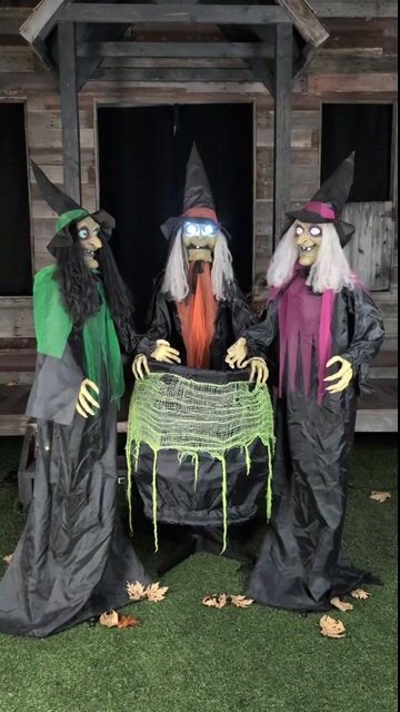 Double, double, toil and triple trouble! Judy, Jody, and Julie form a spine-tingling coven in this animated Halloween display. With eerie lights, motion, and creepy cackles, these three witches brew up the perfect haunted atmosphere for your spooky setup.