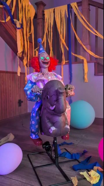 Add twisted carnival vibes to your haunt with this exclusive 3.5FT Rocking Elephant Clown animatronic! It rocks back and forth while playing creepy sounds for a disturbingly playful scare.